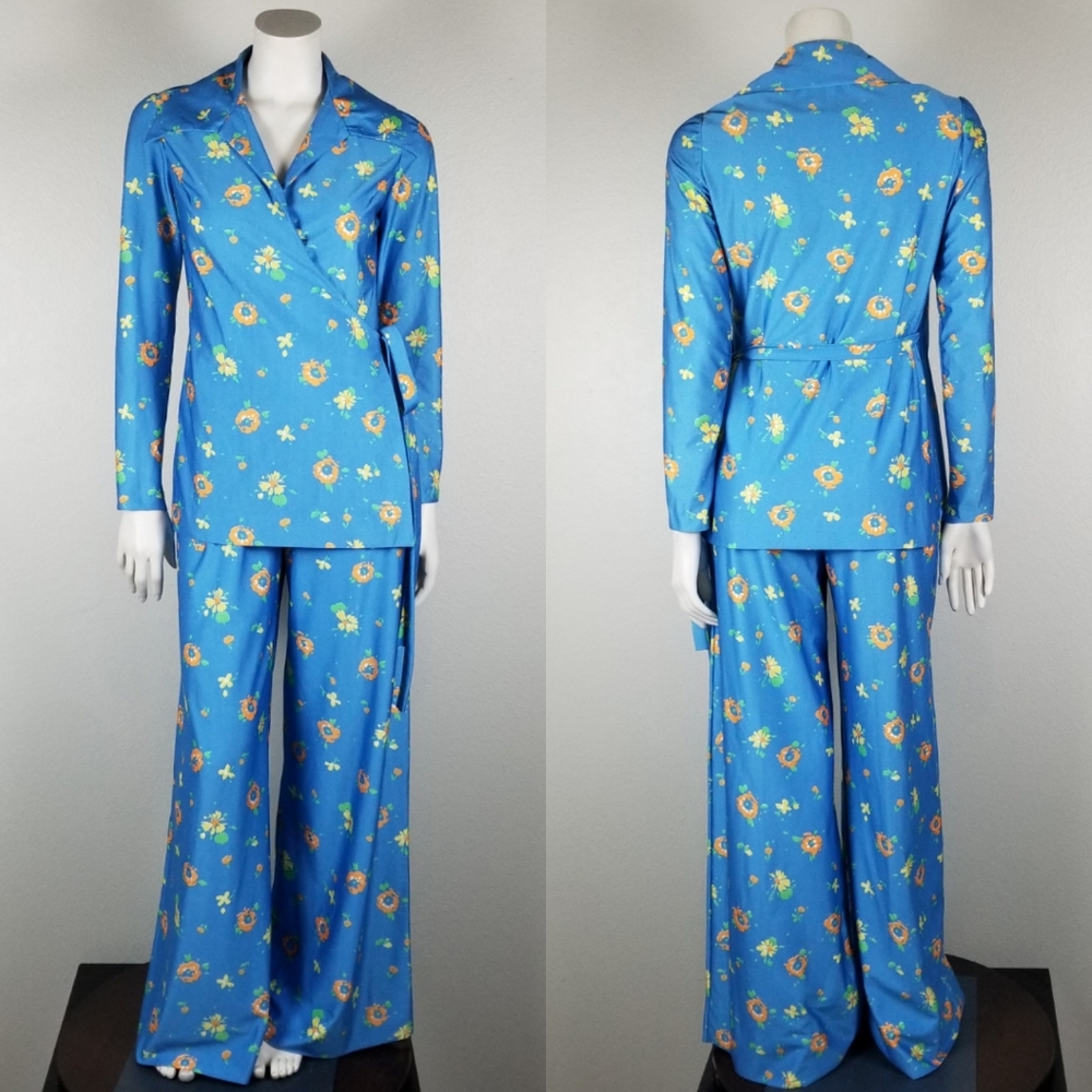 Gay Gibson Vintage Union 70s Blue Floral 2-Piece Disco Wide Leg Pajamas Size XS
